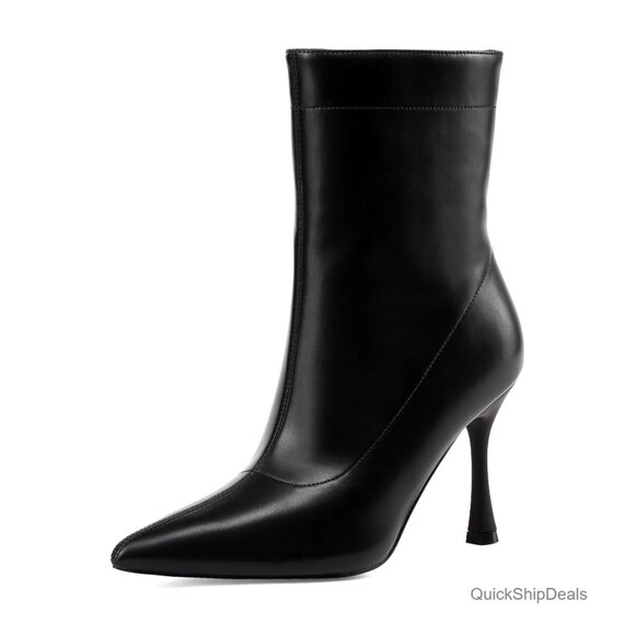 Pointed Toe Ankle Boots 3.5 Inch Stiletto Heel Pull On Work Booties
